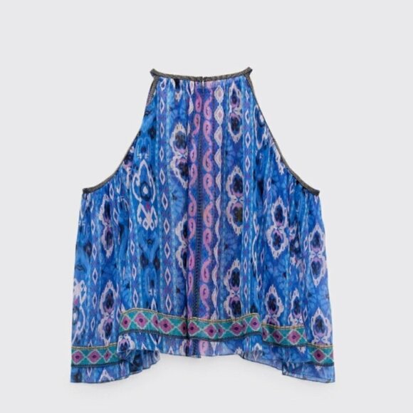 ZARA 2 Piece Set Aztec Print Short Skirt Halter Neck Top Boho Royal Blue/Multi S - Picture 10 of 16